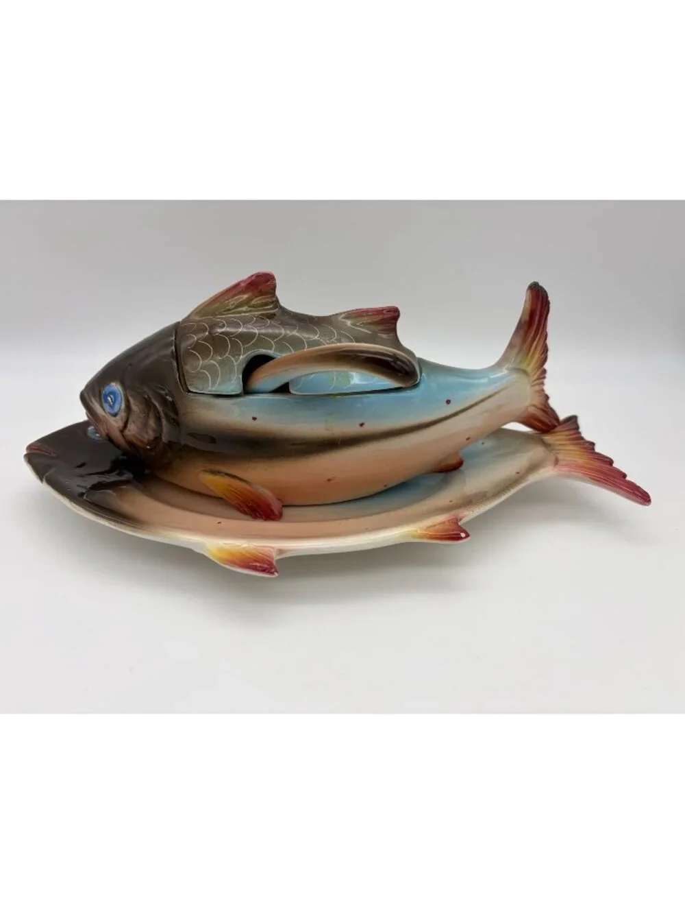 Vintage Mid Century Italian Fish Gravy Boat Lid Ladle Made in Italy Ceramic 11in